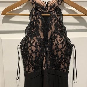 Long black party dress with top black lace